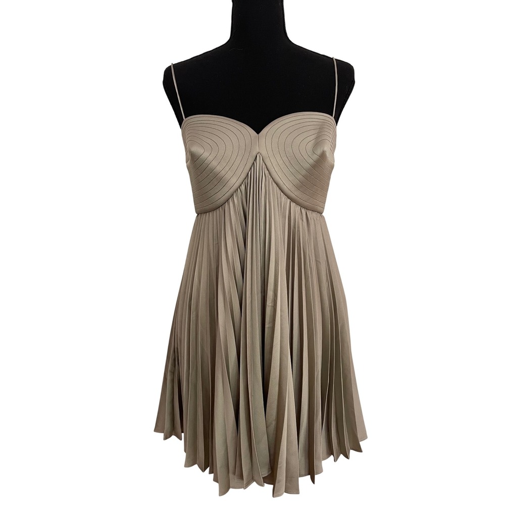 Acler Pleated Mini Dress Womens Size 8 Taupe Satin Sweetheart Cocktail Designer